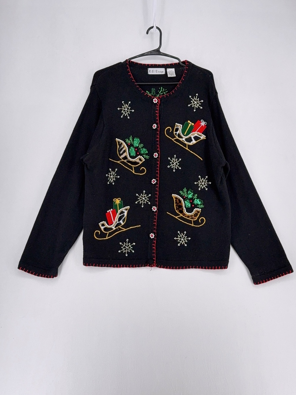B.P. Design Vintage 1990's Black Embellished Ugly Christmas Cardigan Sweater L